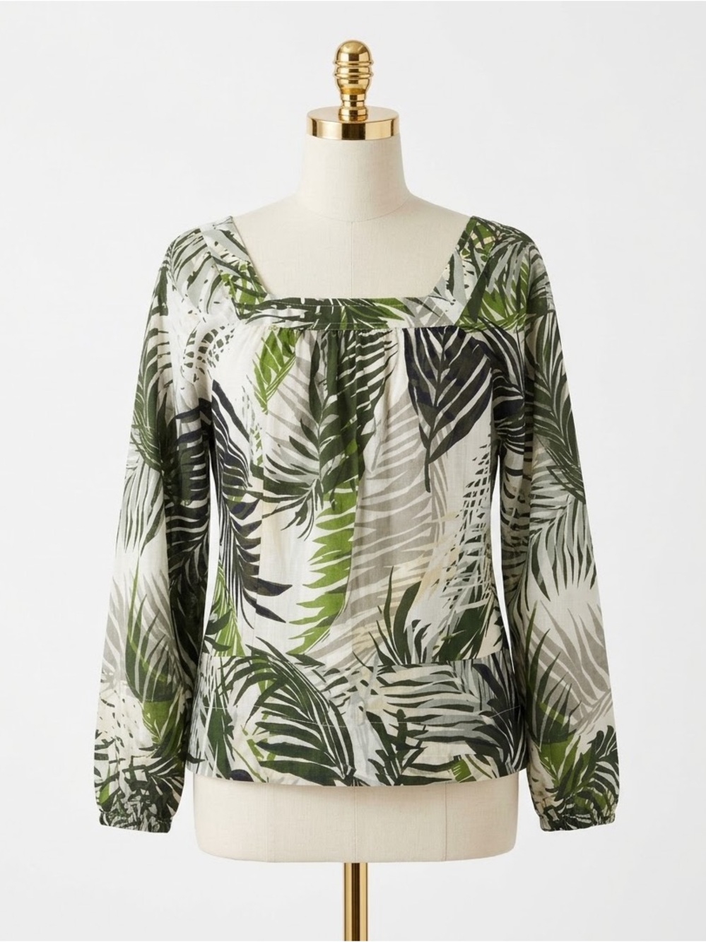 Elie Elie Tahari Green Palm Tropical Peasant Boho Square Neck Cotton Top Blouse